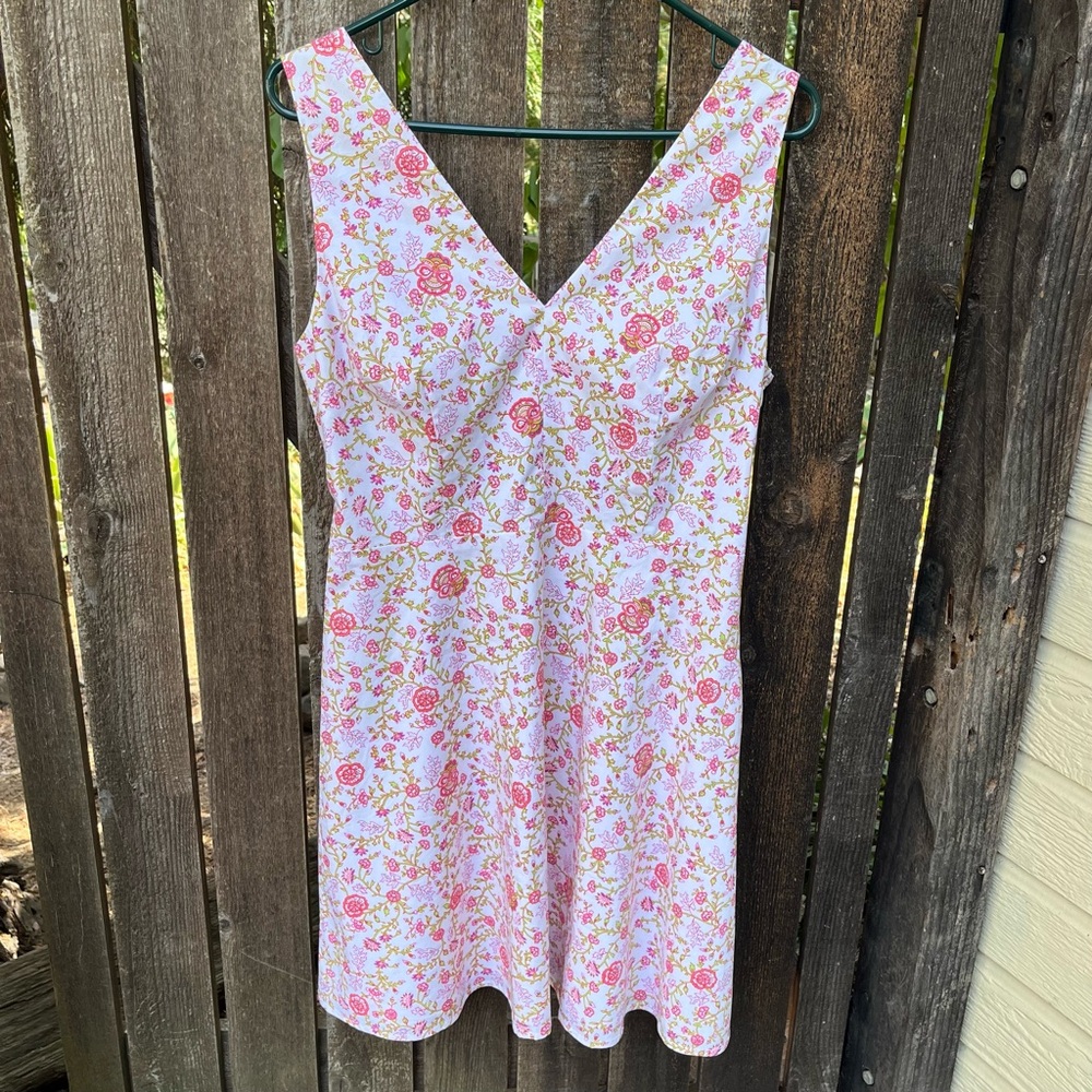 Victoria’s Secret Cotton Floral V-Neck Back Cutout Dress In White & Pink Sz 12